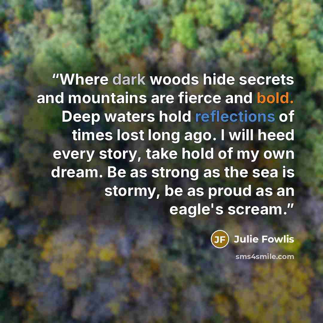 “Where dark woods hide secrets and mountains are fierce and bold. Deep waters hold reflections of times lost long ago. I will heed every story, take hold of my own dream. Be as strong as the sea is stormy, be as proud as an eagle's scream.” quote by Julie Fowlis