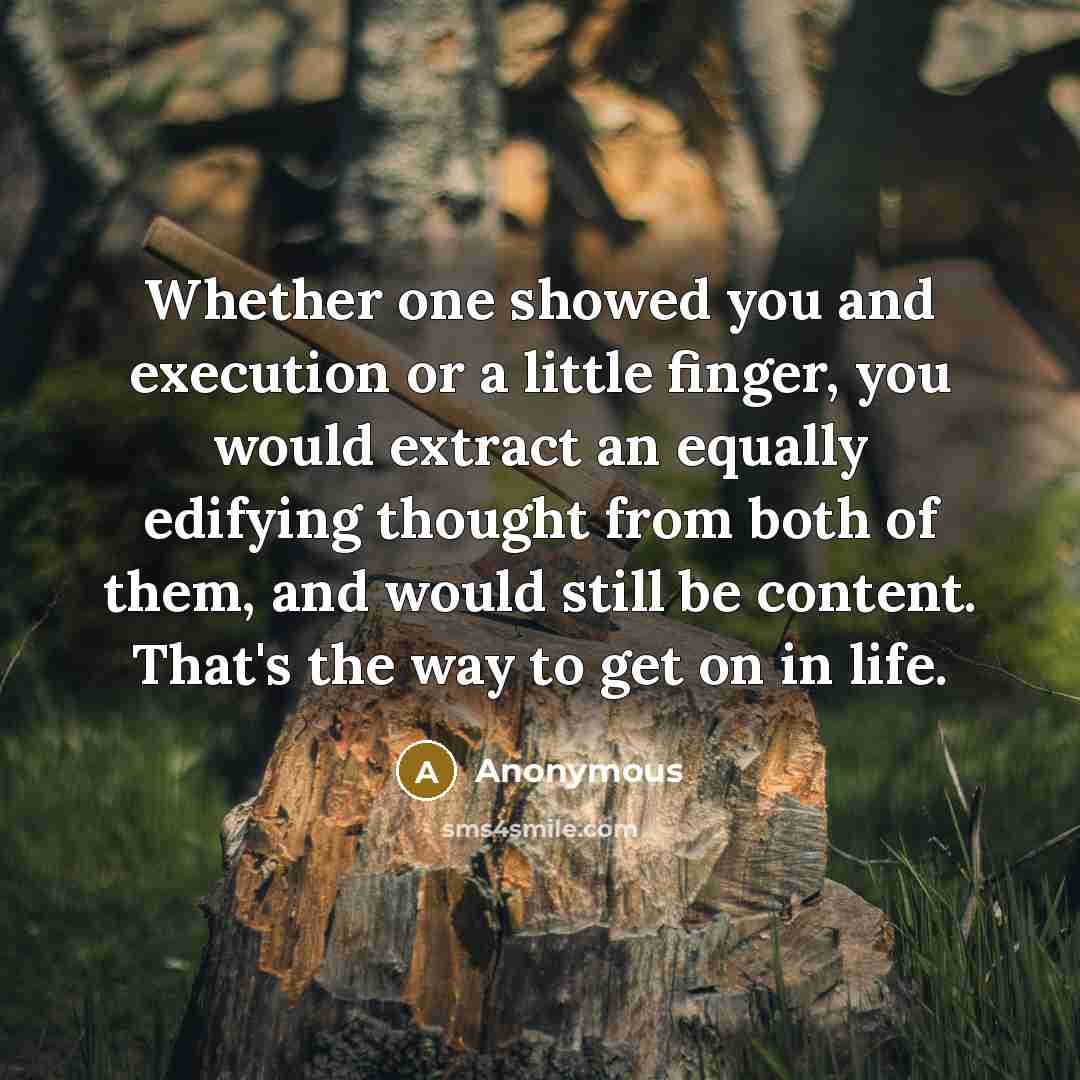“Whether one showed you and execution or a little finger, you would extract an equally edifying thought from both of them, and would still be content. That's the way to get on in life.” quote by Anonymous