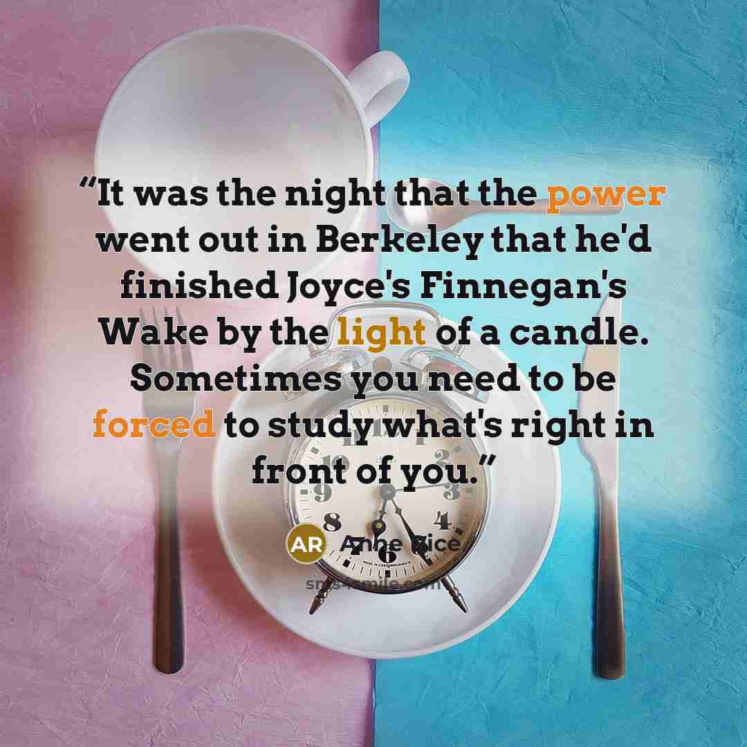 “It was the night that the power went out in Berkeley that he'd finished Joyce's Finnegan's Wake by the light of a candle. Sometimes you need to be forced to study what's right in front of you.” quote by Anne Rice
