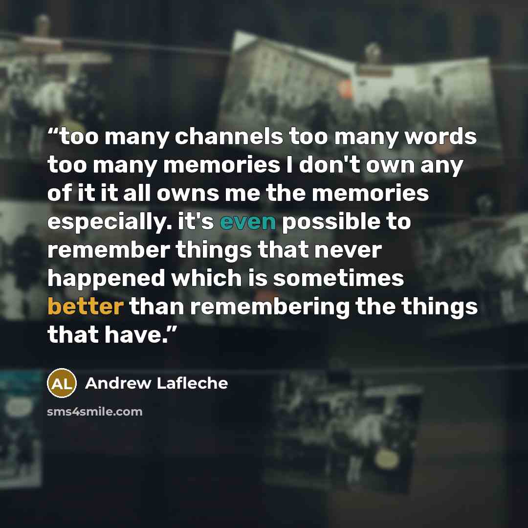 “too many channels too many words too many memories I don't own any of it it all owns me the memories especially. it's even possible to remember things that never happened which is sometimes better than remembering the things that have.” quote by Andrew Lafleche