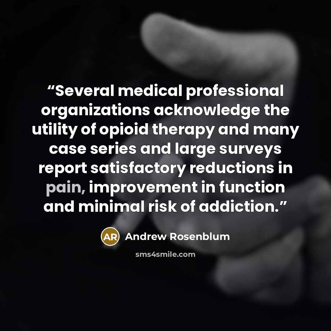 “Several medical professional organizations acknowledge the utility of opioid therapy and many case series and large surveys report satisfactory reductions in pain, improvement in function and minimal risk of addiction.” quote by Andrew Rosenblum