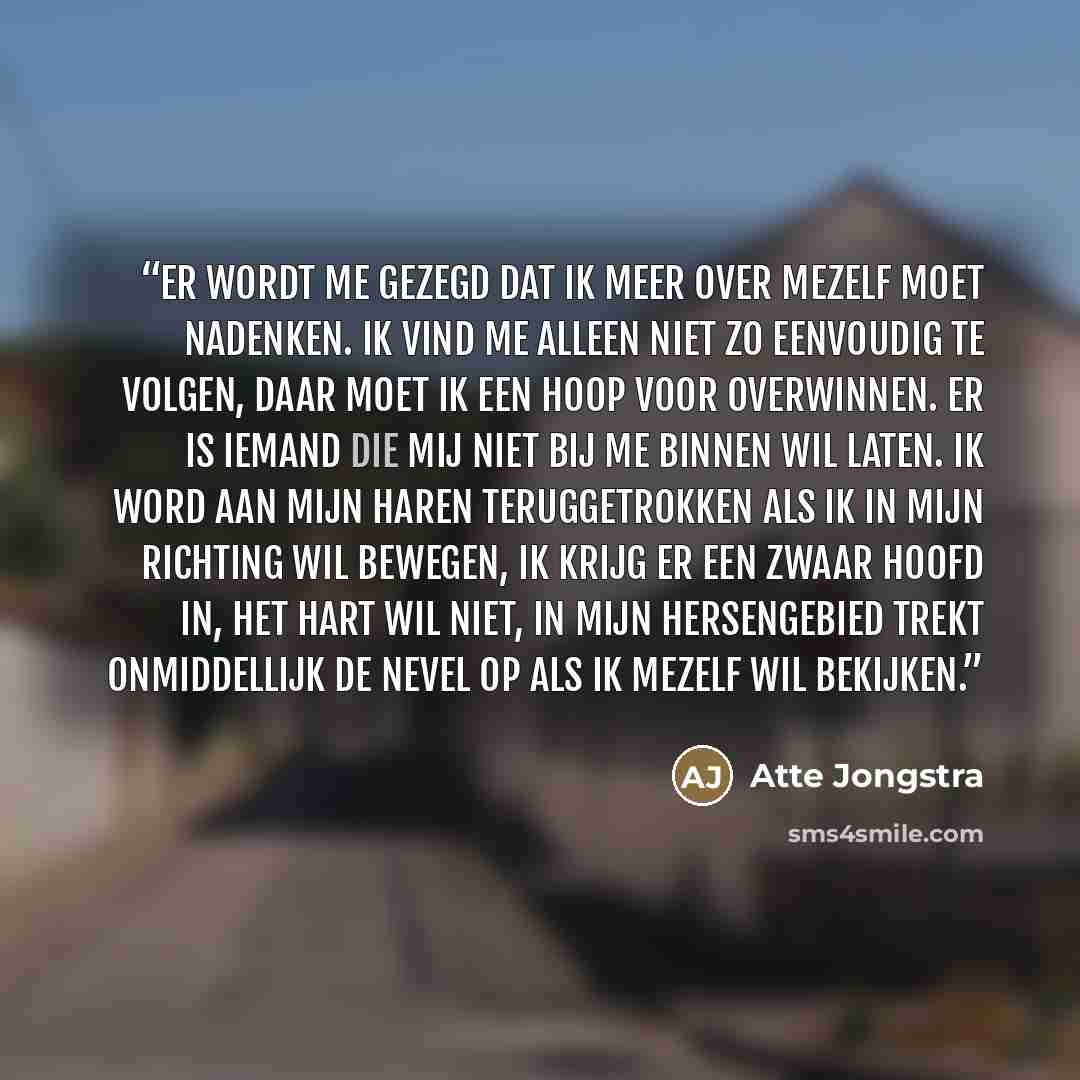 “Er wordt me gezegd dat ik meer over mezelf moet nadenken. Ik vind me alleen niet zo eenvoudig te volgen, daar moet ik een hoop voor overwinnen. Er is iemand die mij niet bij me binnen wil laten. Ik word aan mijn haren teruggetrokken als ik in mijn richting wil bewegen, ik krijg er een zwaar hoofd…” quote by Atte Jongstra