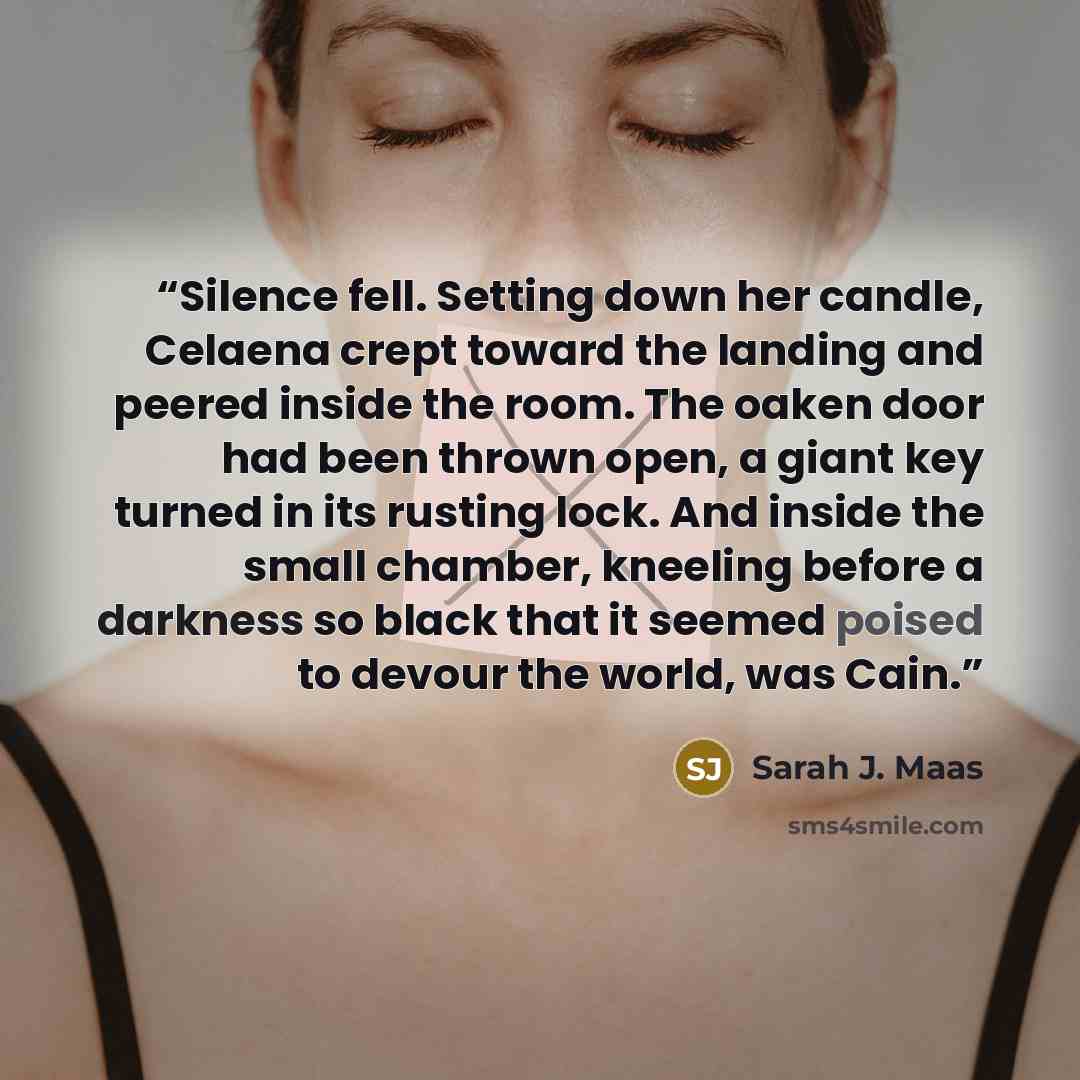 “Silence fell. Setting down her candle, Celaena crept toward the landing and peered inside the room. The oaken door had been thrown open, a giant key turned in its rusting lock. And inside the small chamber, kneeling before a darkness so black that it seemed poised to devour the world, was Cain.” quote by Sarah J. Maas
