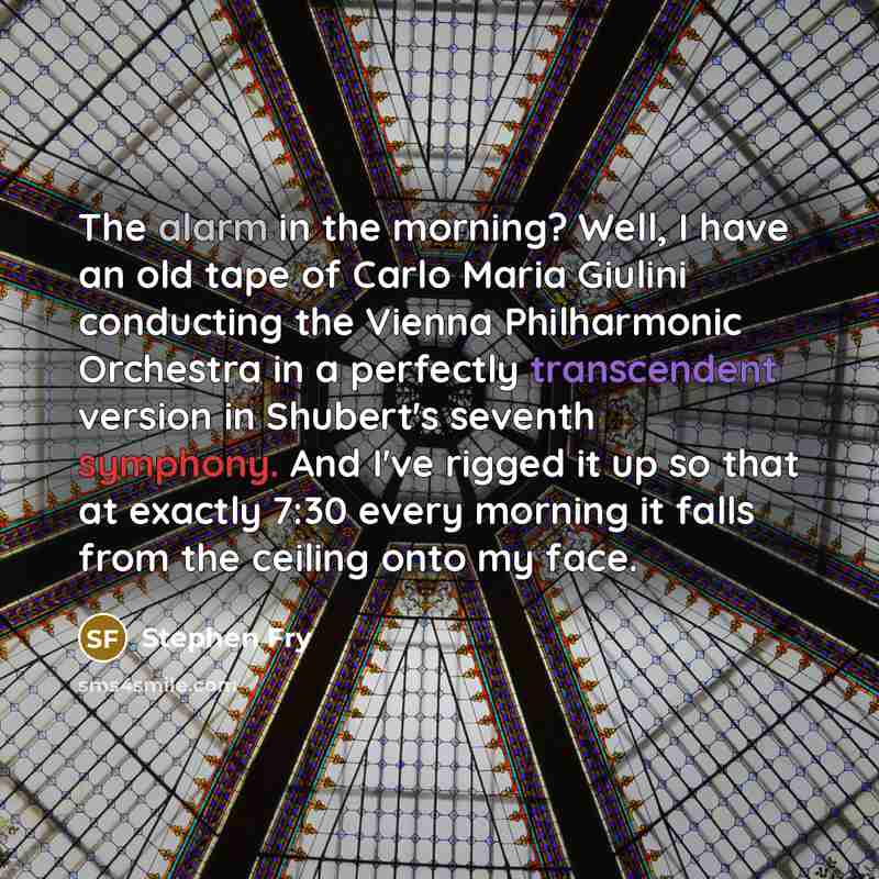 “The alarm in the morning? Well, I have an old tape of Carlo Maria Giulini conducting the Vienna Philharmonic Orchestra in a perfectly transcendent version in Shubert's seventh symphony. And I've rigged it up so that at exactly 7:30 every morning it falls from the ceiling onto my face.” quote by Stephen Fry