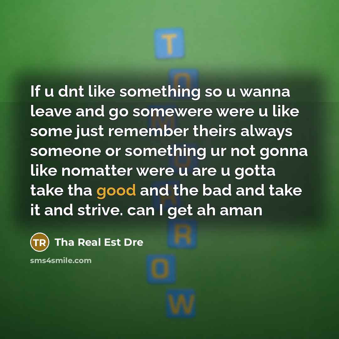 “If u dnt like something so u wanna leave and go somewere were u like some just remember theirs always someone or something ur not gonna like nomatter were u are u gotta take tha good and the bad and take it and strive. can I get ah aman” quote by Tha Real Est Dre