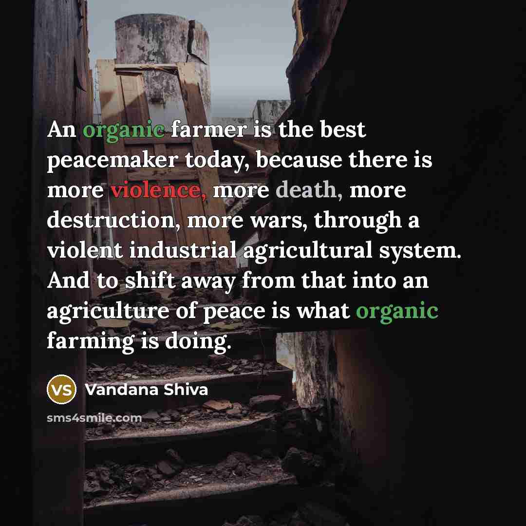 “An organic farmer is the best peacemaker today, because there…” quote by Vandana Shiva