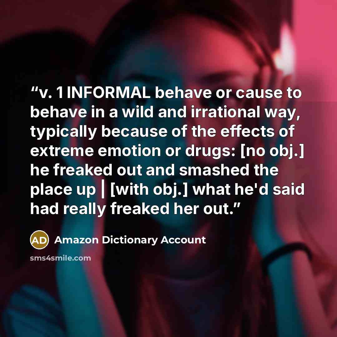 “v. 1 INFORMAL behave or cause to behave in a wild and irrational way, typically because of the effects of extreme emotion or drugs: [no obj.] he freaked out and smashed the place up | [with obj.] what he'd said had really freaked her out.” quote by Amazon Dictionary Account