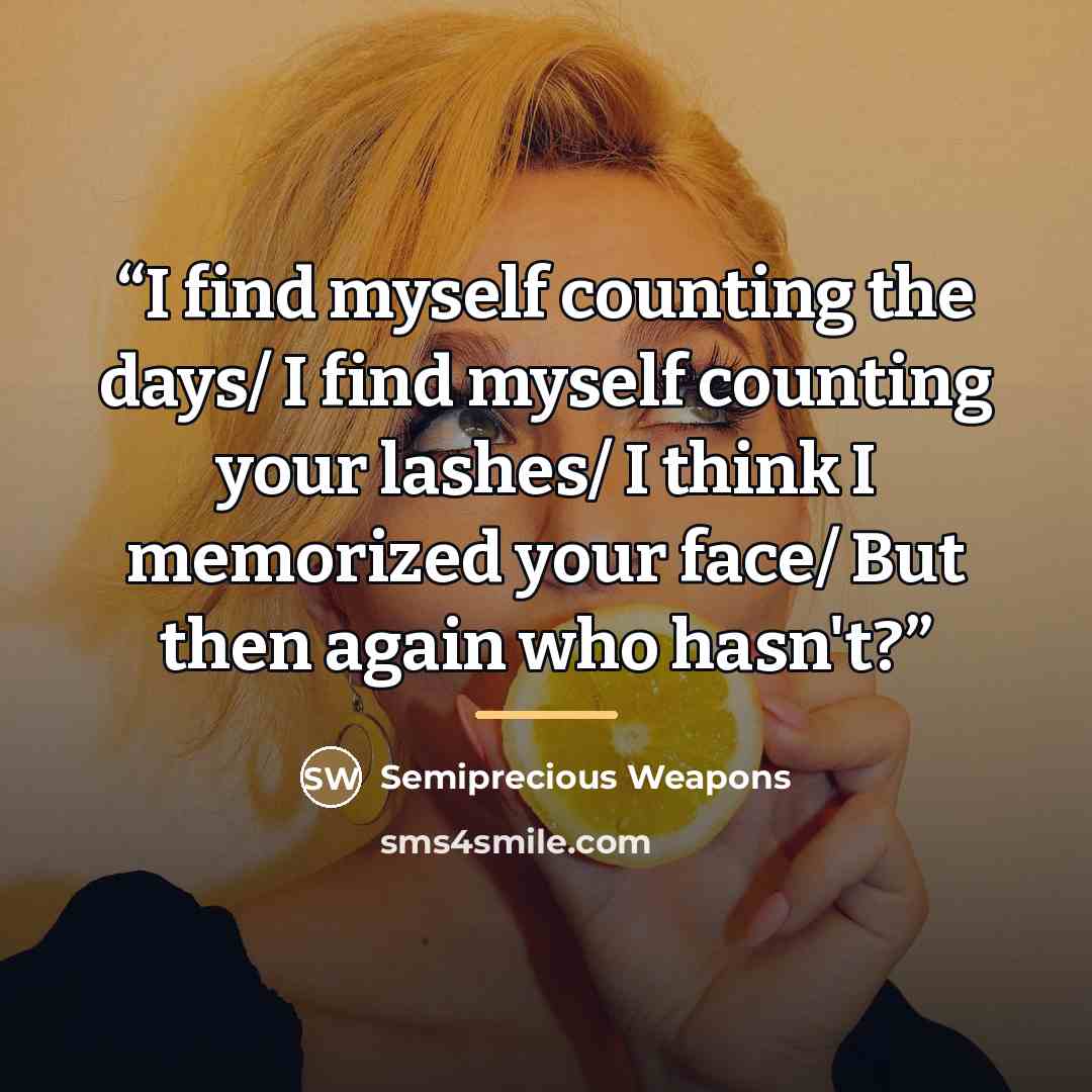 “I find myself counting the days/ I find myself counting your lashes/ I think I memorized your face/ But then again who hasn't?” quote by Semiprecious Weapons