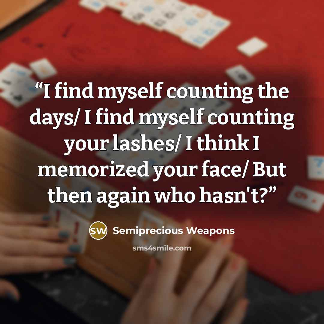 “I find myself counting the days/ I find myself counting your lashes/ I think I memorized your face/ But then again who hasn't?” quote by Semiprecious Weapons