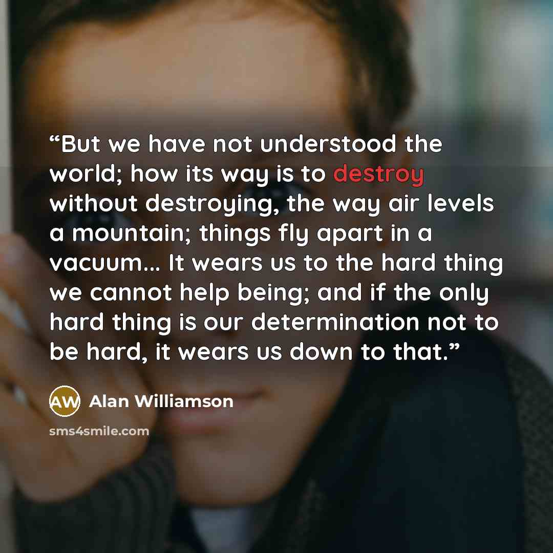 “But we have not understood the world; how its way is to destroy without destroying, the way air levels a mountain; things fly apart in a vacuum... It wears us to the hard thing we cannot help being; and if the only hard thing is our determination not to be hard, it wears us down to that.” quote by Alan Williamson