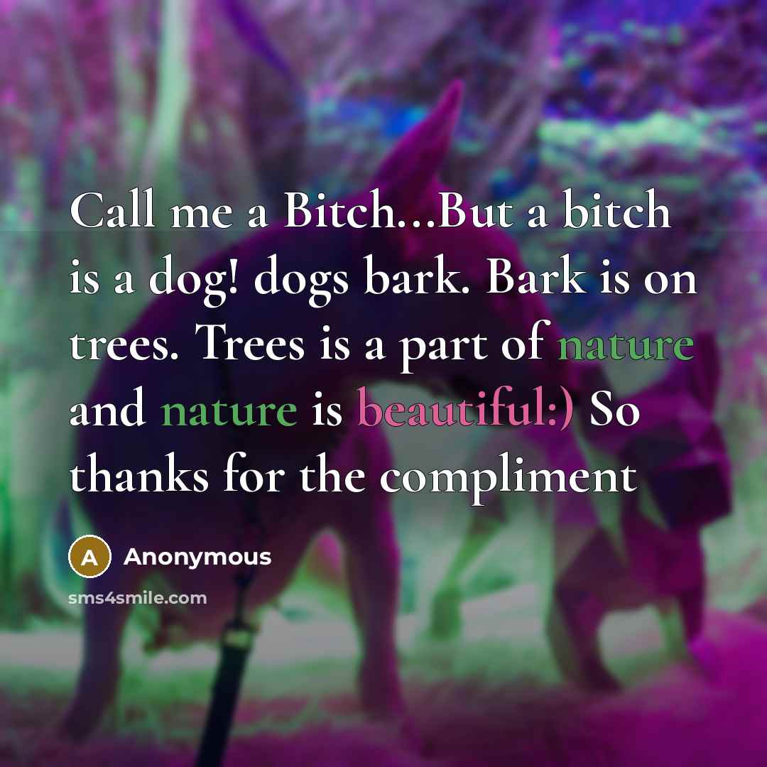 “Call me a Bitch...But a bitch is a dog! dogs bark. Bark is on trees. Trees is a part of nature and nature is beautiful:) So thanks for the compliment” quote by Anonymous