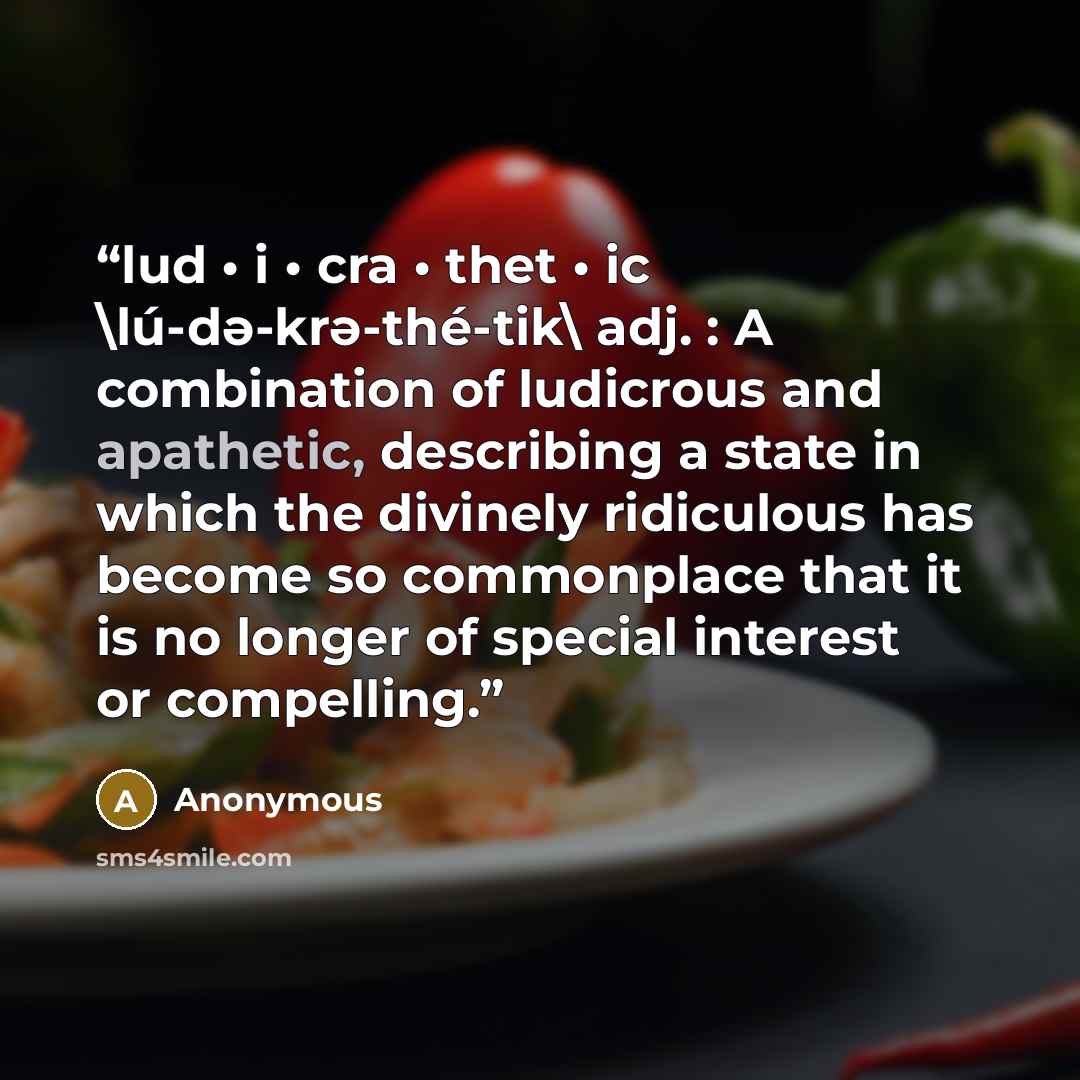 “lud • i • cra • thet • ic \lú-dǝ-krǝ-thé-tik\ adj. : A combination of ludicrous and apathetic, describing a state in which the divinely ridiculous has become so commonplace that it is no longer of special interest or compelling.” quote by Anonymous