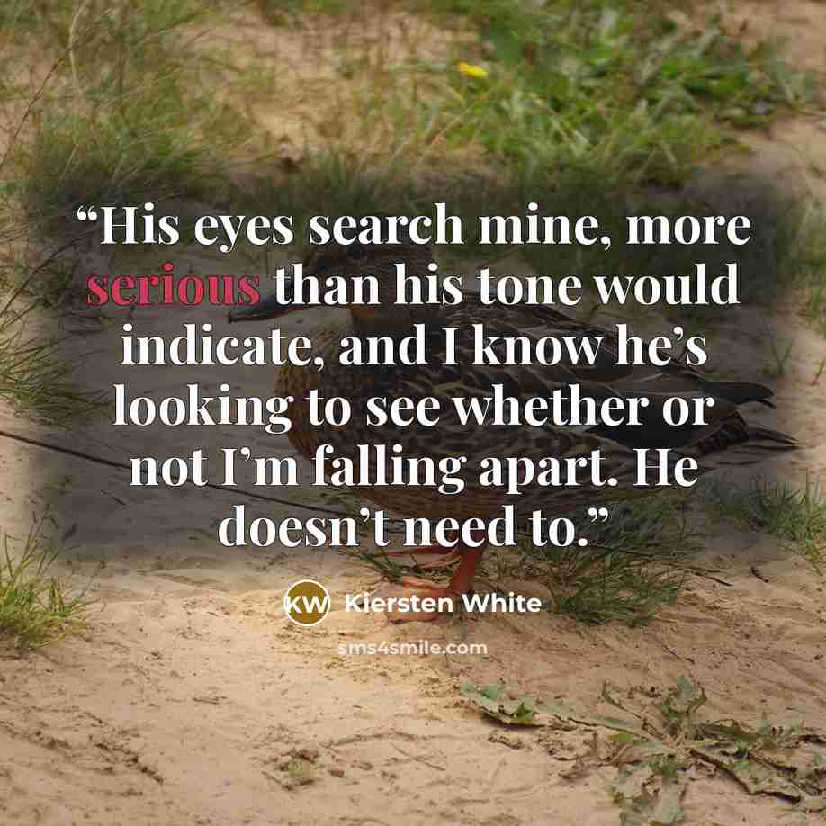 “His eyes search mine, more serious than his tone would indicate, and I know he’s looking to see whether or not I’m falling apart. He doesn’t need to.” quote by Kiersten White