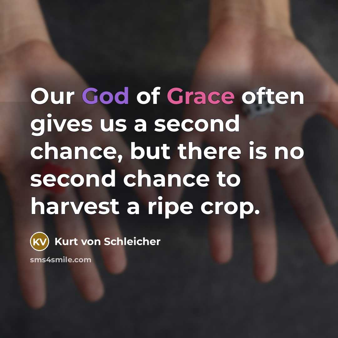 “Our God of Grace often gives us a second chance, but there is no second chance to harvest a ripe crop.” quote by Kurt von Schleicher