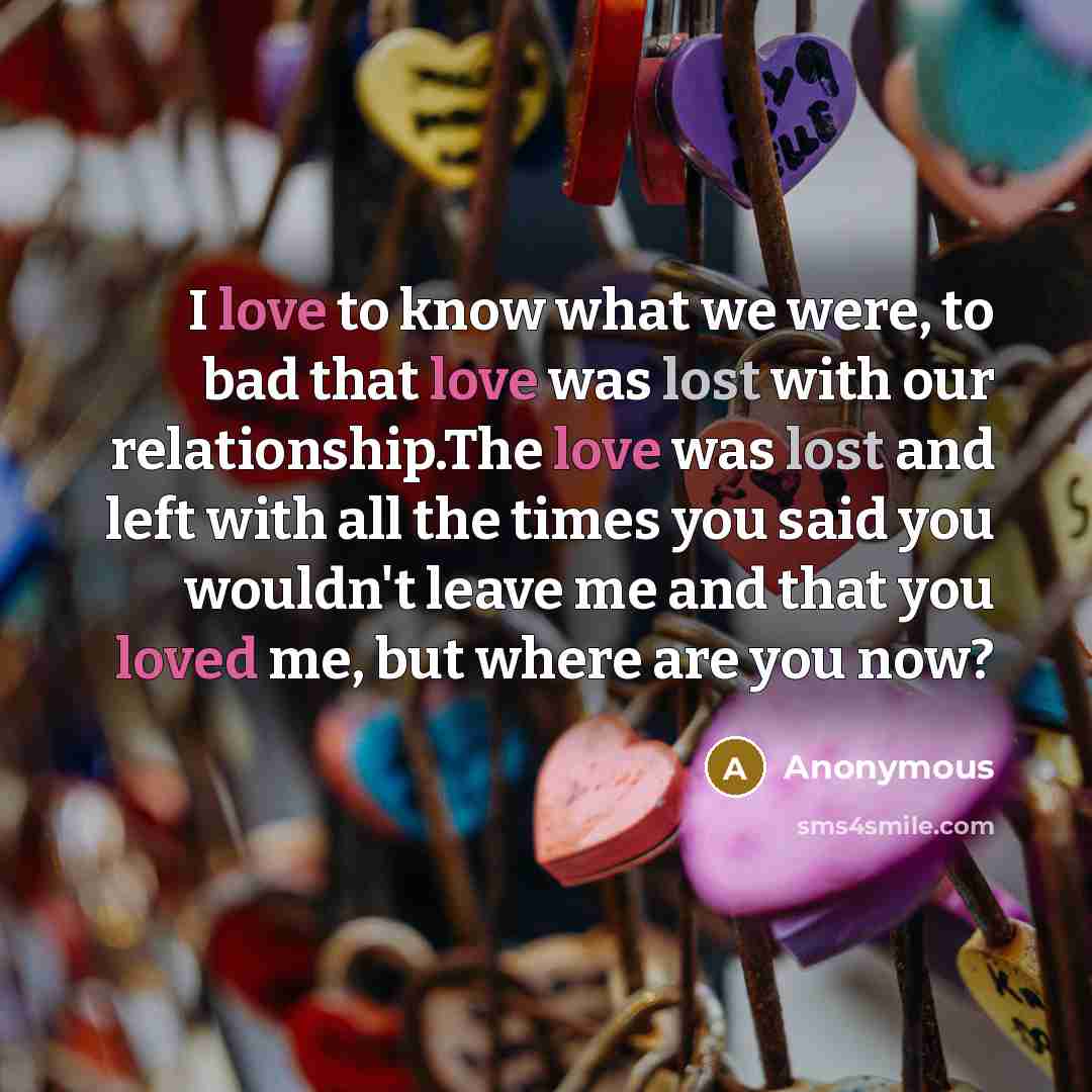 “I love to know what we were, to bad that love was lost with our relationship.The love was lost and left with all the times you said you wouldn't leave me and that you loved me, but where are you now?” quote by Anonymous