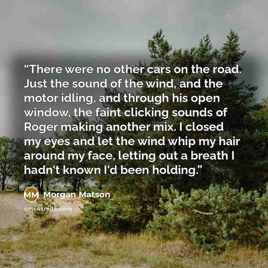 “There were no other cars on the road. Just the sound of the wind, and the motor idling, and through his open window, the faint clicking sounds of Roger making another mix. I closed my eyes and let the wind whip my hair around my face, letting out a breath I hadn't known I'd been holding.” quote by Morgan Matson