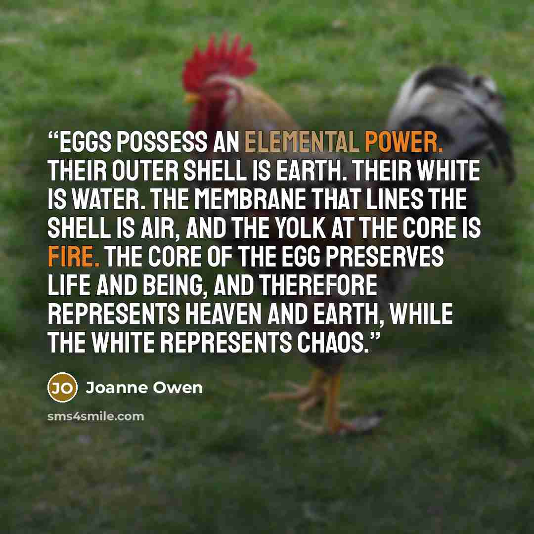 “Eggs possess an elemental power. Their outer shell is earth. Their white is water. The membrane that lines the shell is air, and the yolk at the core is fire. The core of the egg preserves life and being, and therefore represents heaven and earth, while the white represents chaos.” quote by Joanne Owen