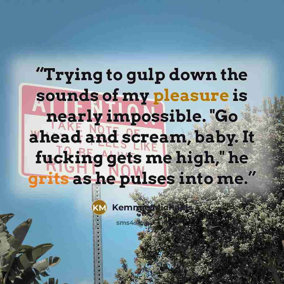 “Trying to gulp down the sounds of my pleasure is nearly impossible. "Go ahead and scream, baby. It fucking gets me high," he grits as he pulses into me.” quote by Kemmie Michaels