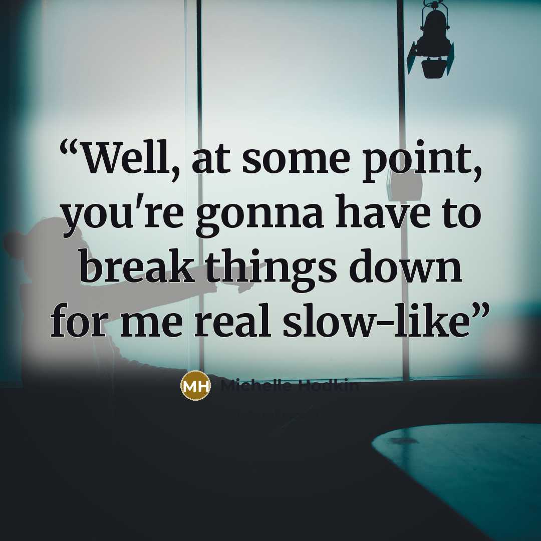 “Well, at some point, you're gonna have to break things down for me real slow-like” quote by Michelle Hodkin
