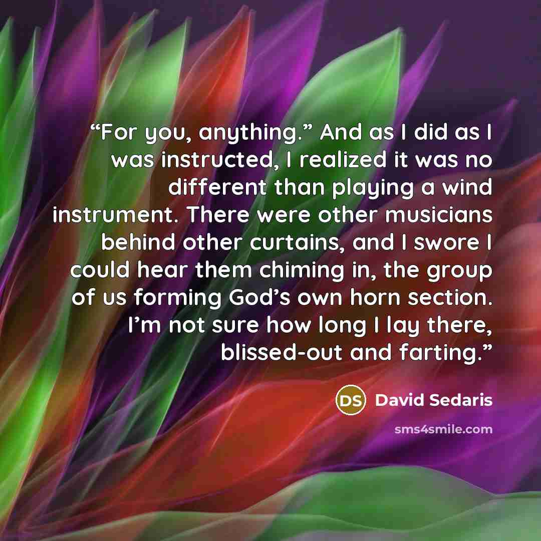 “For you, anything.” And as I did as I was instructed, I realized it was no different than playing a wind instrument. There were other musicians behind other curtains, and I swore I could hear them chiming in, the group of us forming God’s own horn section. I’m not sure how long I lay there…” quote by David Sedaris