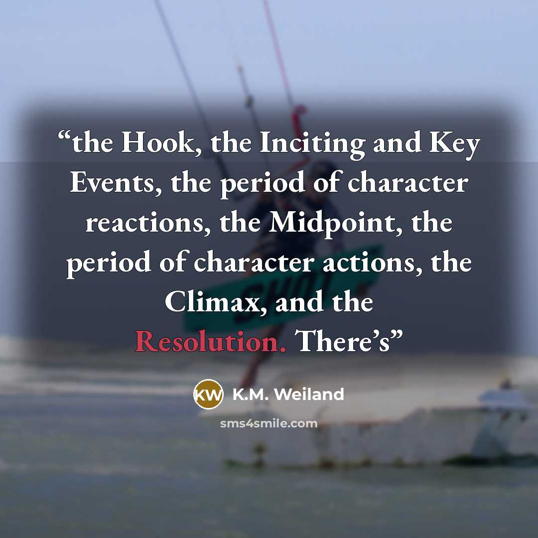 “the Hook, the Inciting and Key Events, the period of character reactions, the Midpoint, the period of character actions, the Climax, and the Resolution. There’s” quote by K.M. Weiland