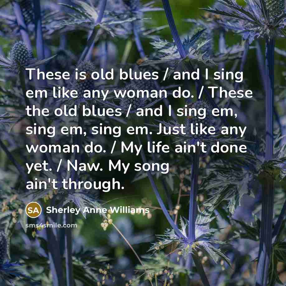 “These is old blues / and I sing em like any woman do. / These the old blues / and I sing em, sing em, sing em. Just like any woman do. / My life ain't done yet. / Naw. My song ain't through.” quote by Sherley Anne Williams