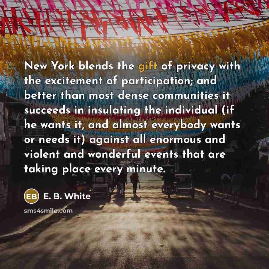 “New York blends the gift of privacy with the excitement…” quote by E. B. White