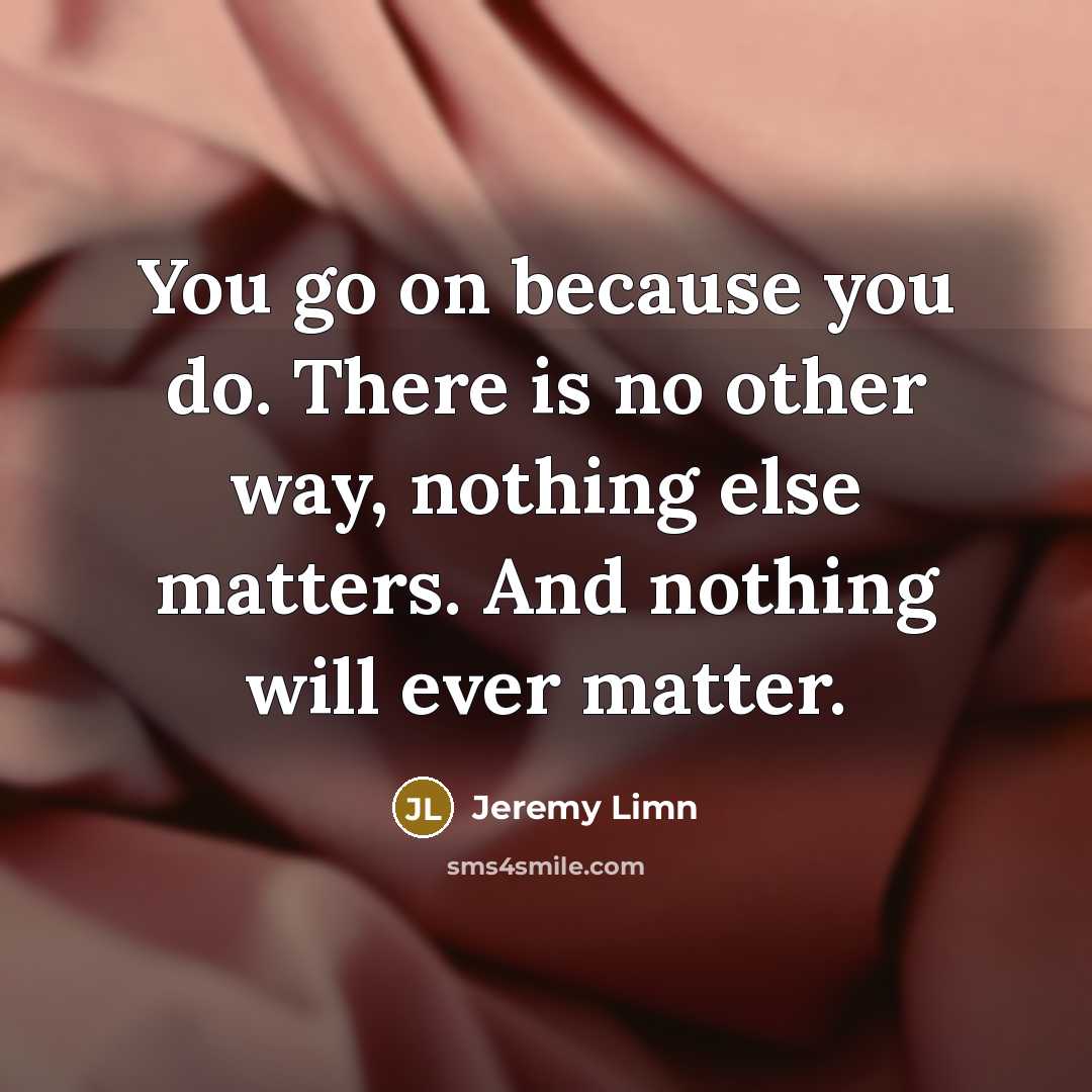 “You go on because you do. There is no other way, nothing else matters. And nothing will ever matter.” quote by Jeremy Limn