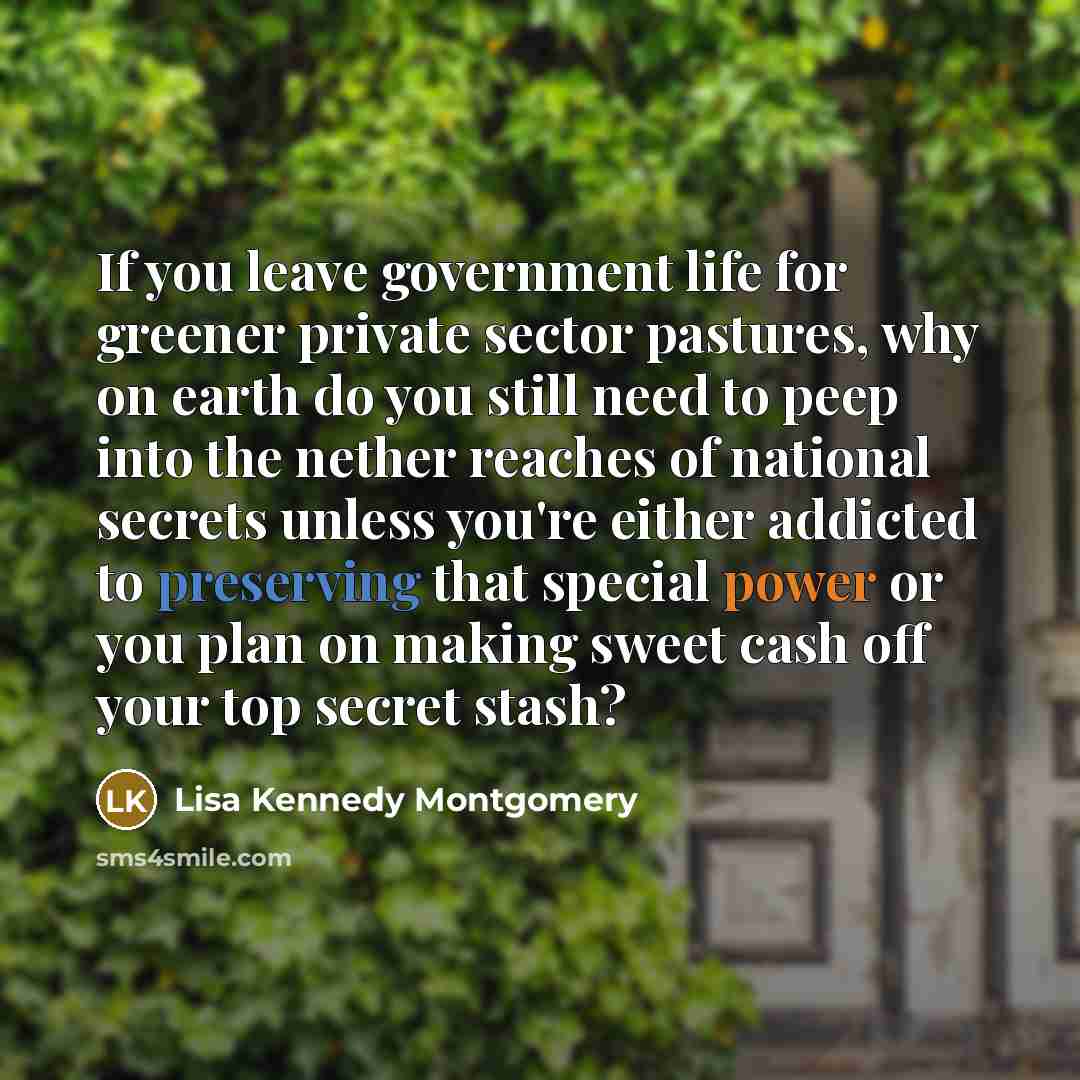 “If you leave government life for greener private sector pastures,…” quote by Lisa Kennedy Montgomery