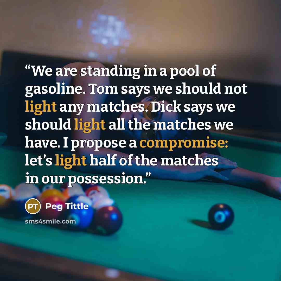 “We are standing in a pool of gasoline. Tom says we should not light any matches. Dick says we should light all the matches we have. I propose a compromise: let’s light half of the matches in our possession.” quote by Peg Tittle