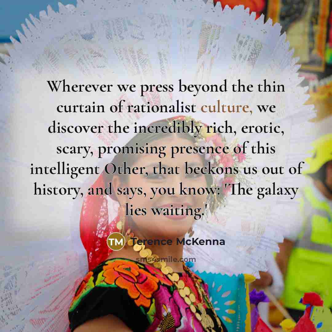 “Wherever we press beyond the thin curtain of rationalist culture,…” quote by Terence McKenna