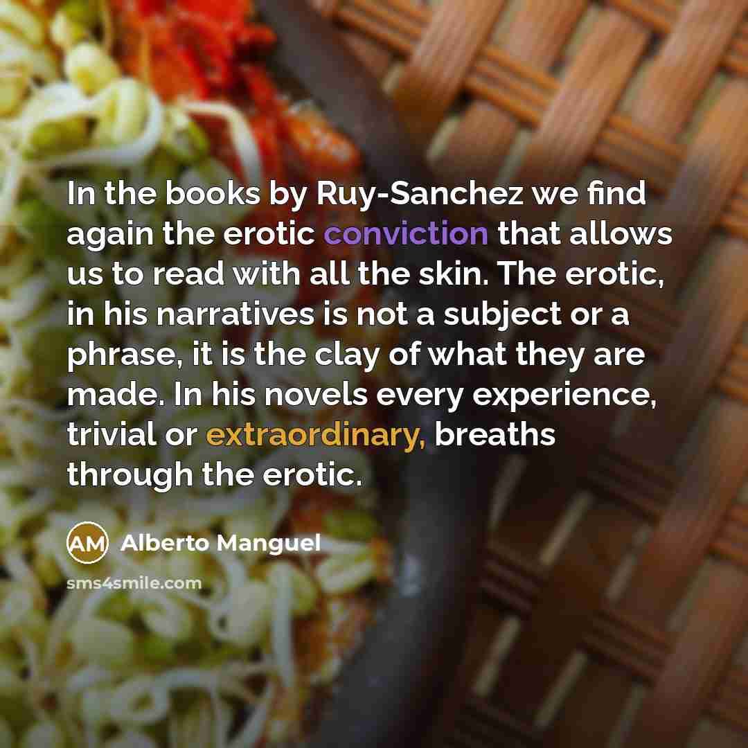 “In the books by Ruy-Sanchez we find again the erotic…” quote by Alberto Manguel