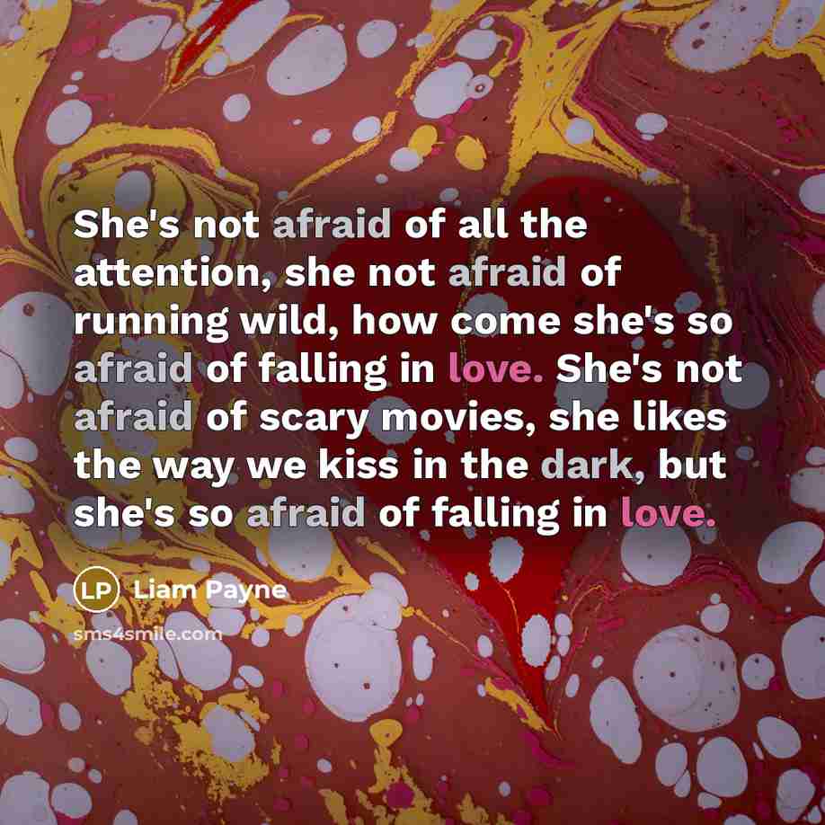 “She's not afraid of all the attention, she not afraid of running wild, how come she's so afraid of falling in love. She's not afraid of scary movies, she likes the way we kiss in the dark, but she's so afraid of falling in love.” quote by Liam Payne