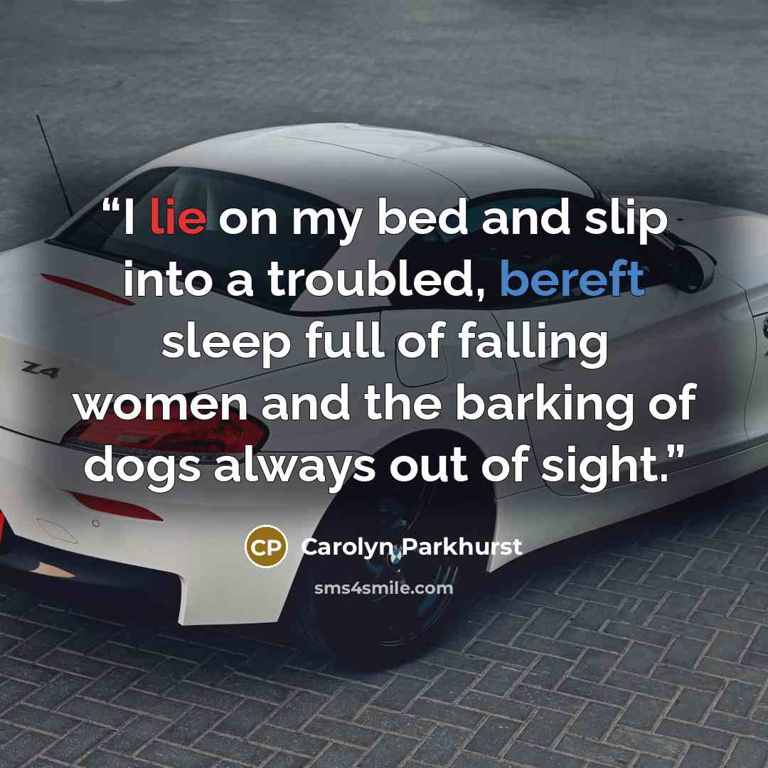 “I lie on my bed and slip into a troubled, bereft sleep full of falling women and the barking of dogs always out of sight.” quote by Carolyn Parkhurst