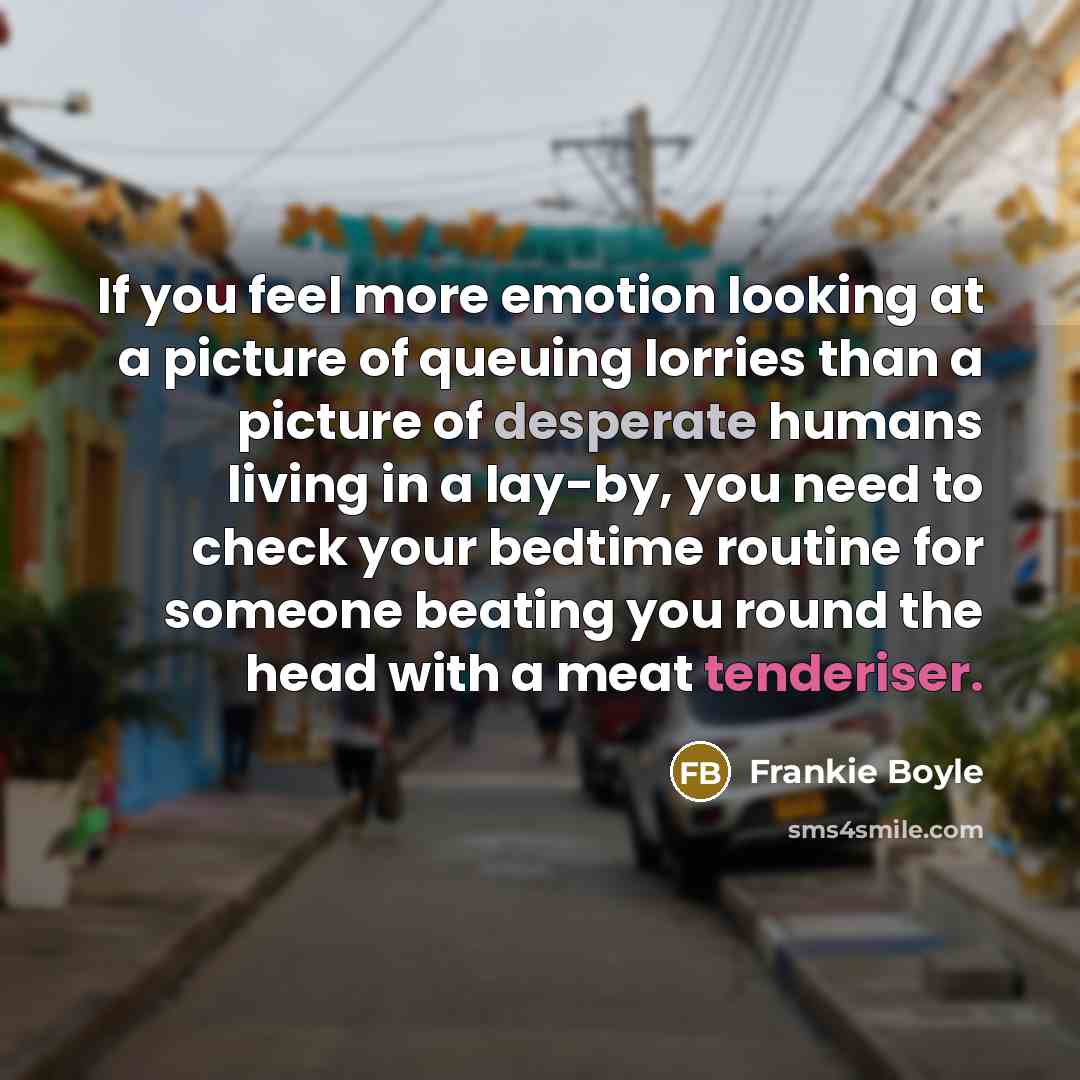 “If you feel more emotion looking at a picture of queuing lorries than a picture of desperate humans living in a lay-by, you need to check your bedtime routine for someone beating you round the head with a meat tenderiser.” quote by Frankie Boyle