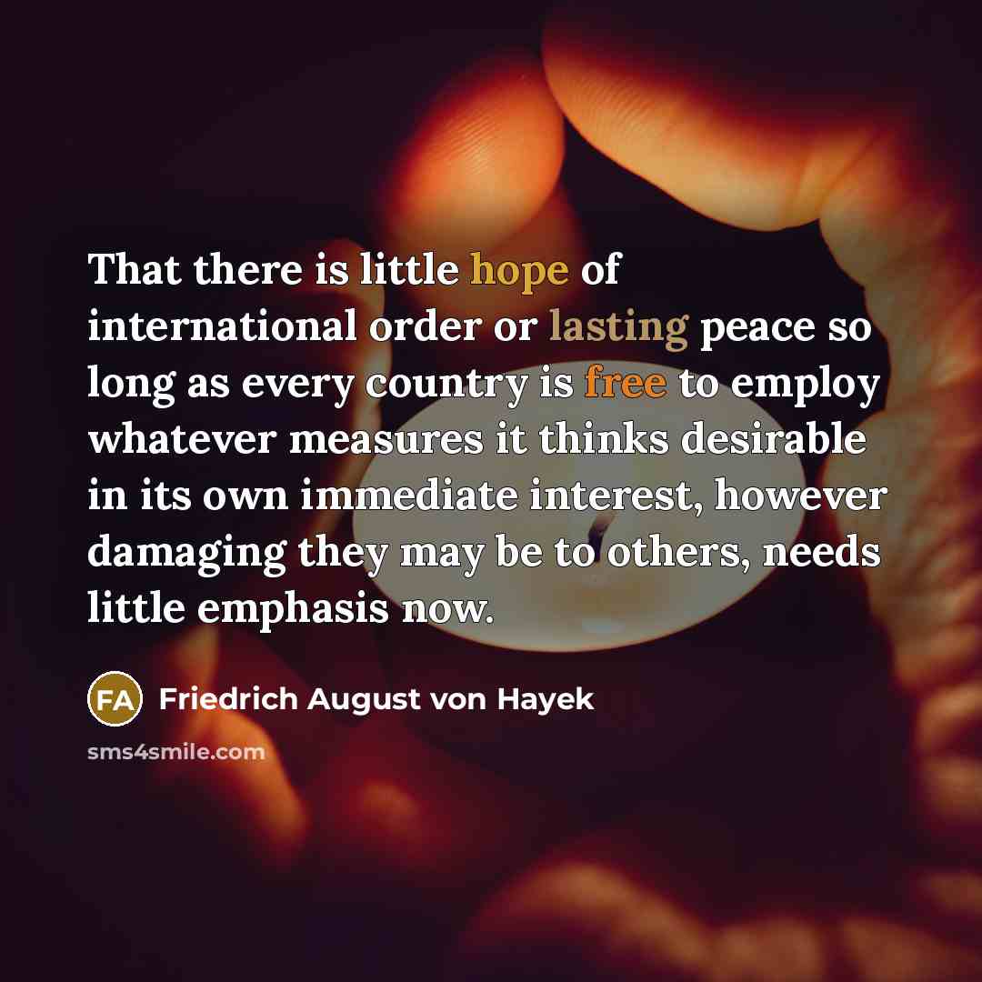 “That there is little hope of international order or lasting…” quote by Friedrich August von Hayek