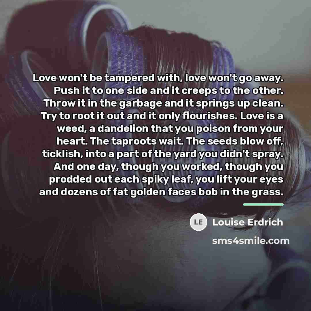 “Love won't be tampered with, love won't go away. Push…” quote by Louise Erdrich