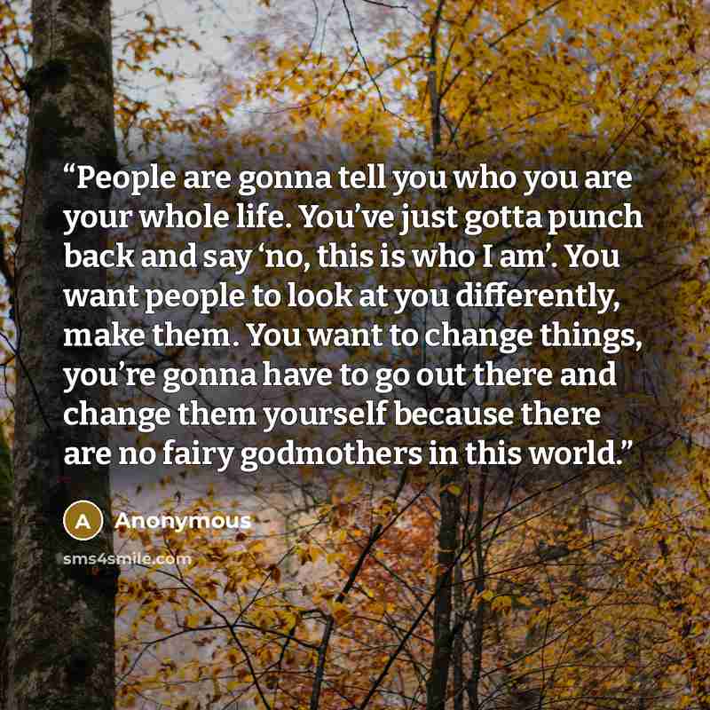 “People are gonna tell you who you are your whole life. You’ve just gotta punch back and say ‘no, this is who I am’. You want people to look at you differently, make them. You want to change things, you’re gonna have to go out there and change them yourself because there are no fairy godmothers in…” quote by Anonymous