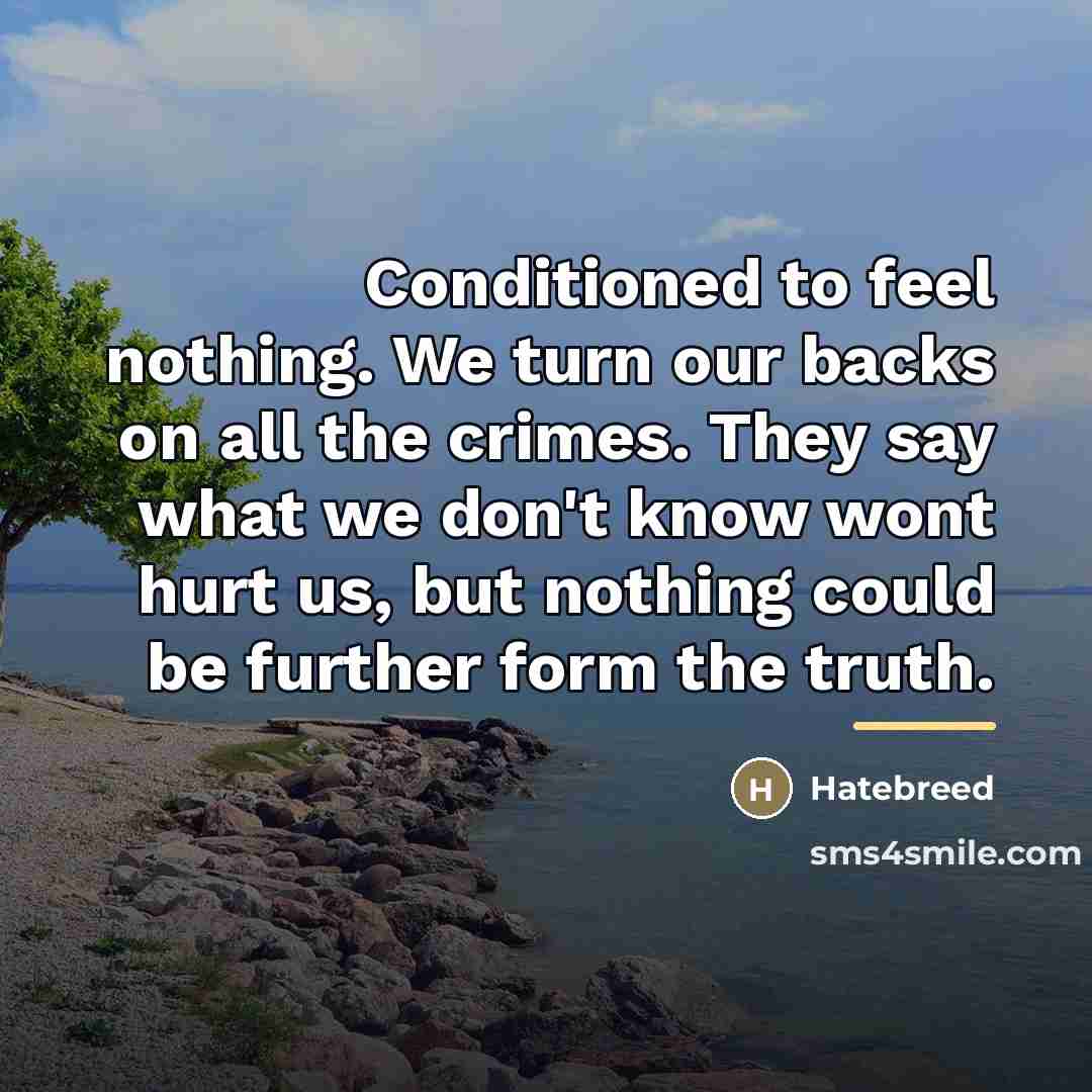 “Conditioned to feel nothing. We turn our backs on all…” quote by Hatebreed