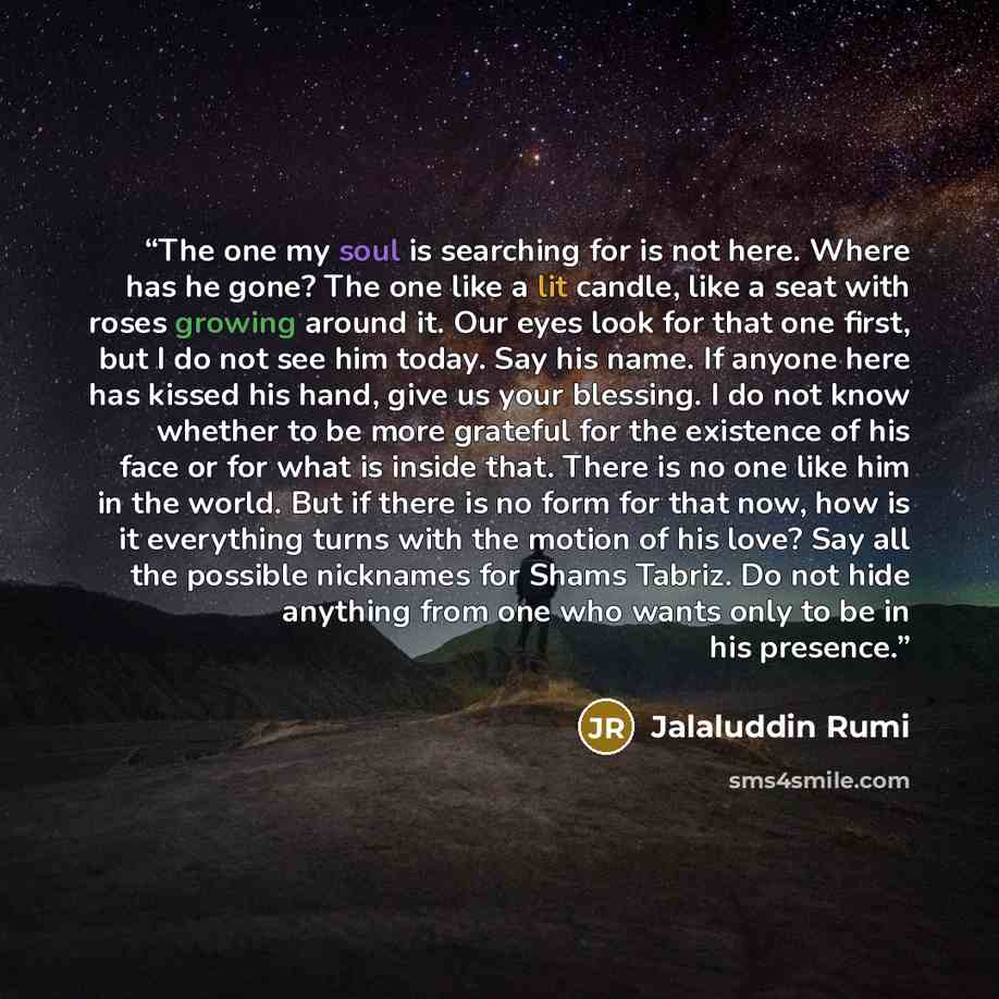 “The one my soul is searching for is not here. Where has he gone? The one like a lit candle, like a seat with roses growing around it. Our eyes look for that one first, but I do not see him today. Say his name. If anyone here has kissed his hand, give us your blessing. I do not know whether to be…” quote by Jalaluddin Rumi
