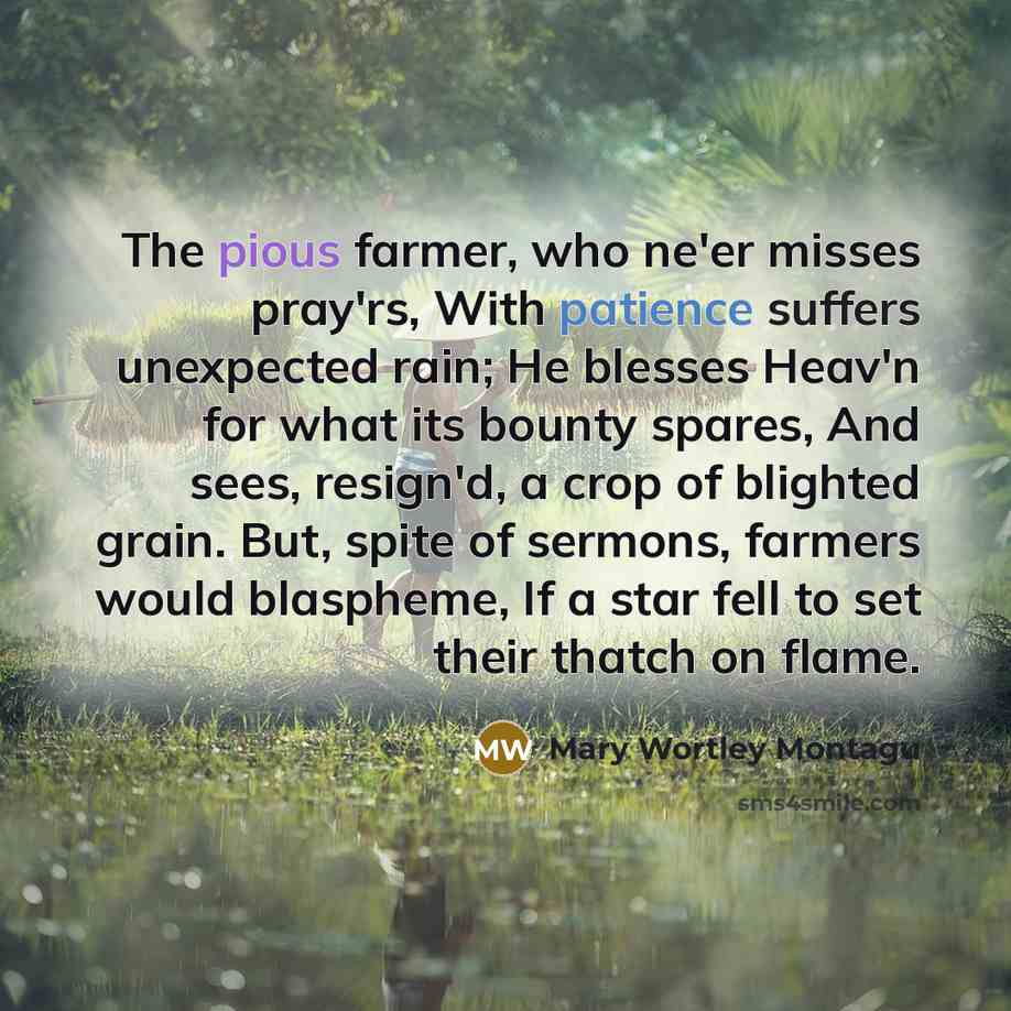 “The pious farmer, who ne'er misses pray'rs, With patience suffers…” quote by Mary Wortley Montagu