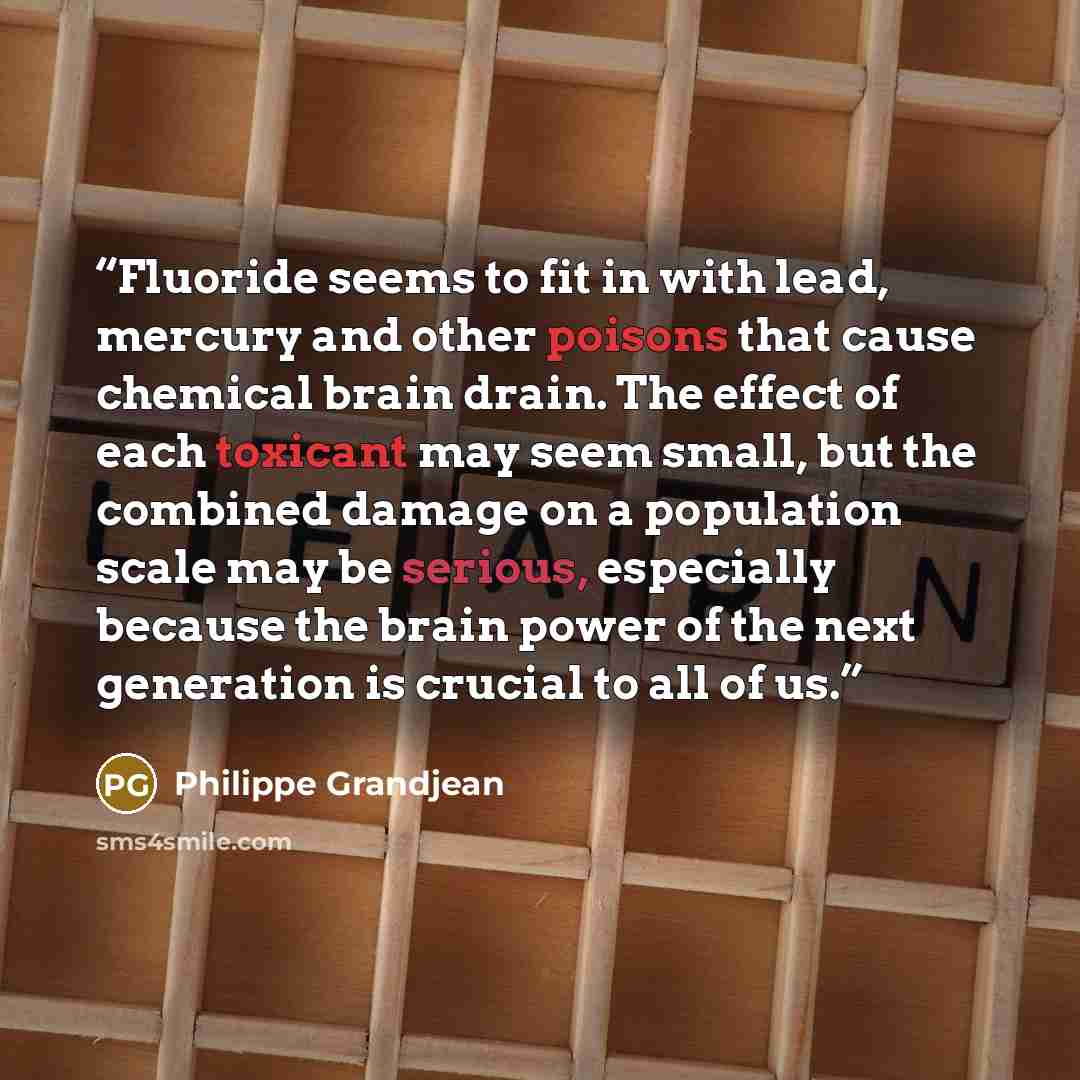 “Fluoride seems to fit in with lead, mercury and other poisons that cause chemical brain drain. The effect of each toxicant may seem small, but the combined damage on a population scale may be serious, especially because the brain power of the next generation is crucial to all of us.” quote by Philippe Grandjean