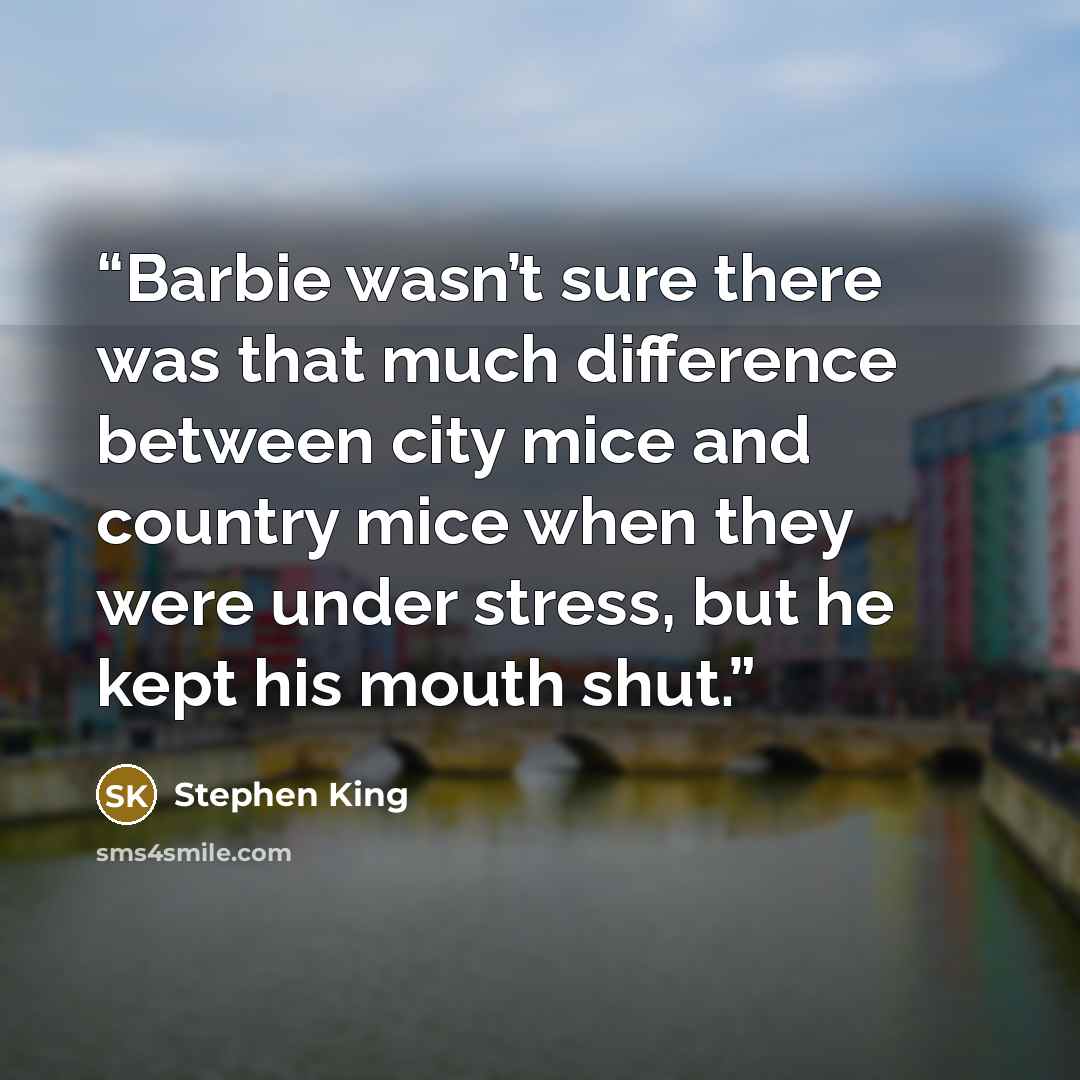 “Barbie wasn’t sure there was that much difference between city mice and country mice when they were under stress, but he kept his mouth shut.” quote by Stephen King