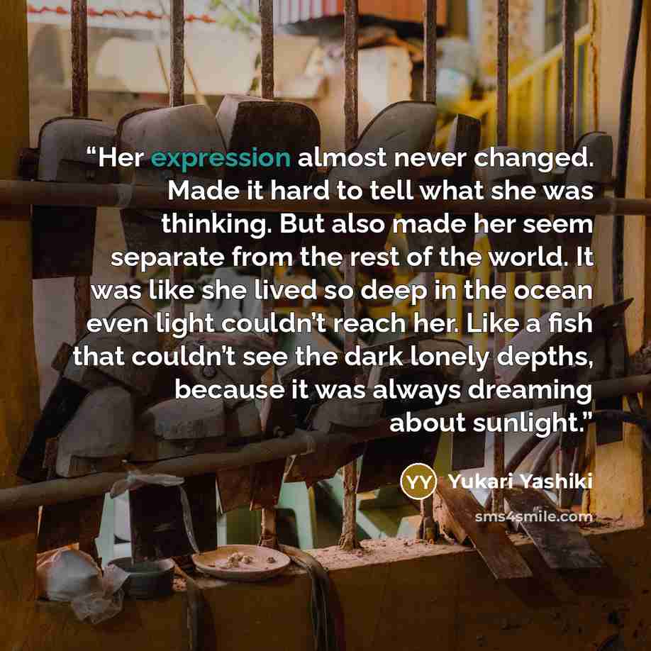 “Her expression almost never changed. Made it hard to tell what she was thinking. But also made her seem separate from the rest of the world. It was like she lived so deep in the ocean even light couldn’t reach her. Like a fish that couldn’t see the dark lonely depths, because it was always…” quote by Yukari Yashiki