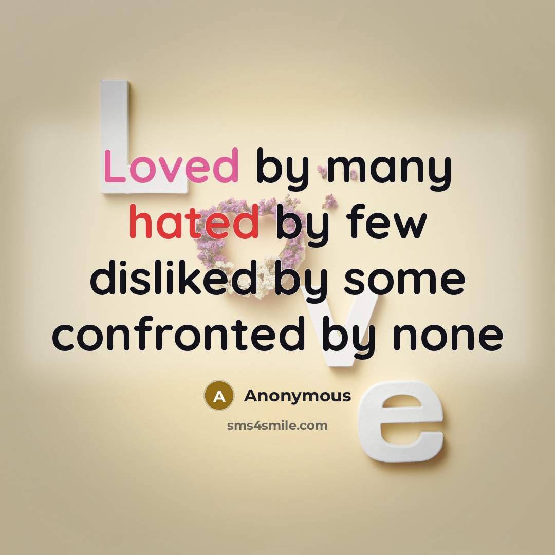 “Loved by many hated by few disliked by some confronted by none” quote by Anonymous