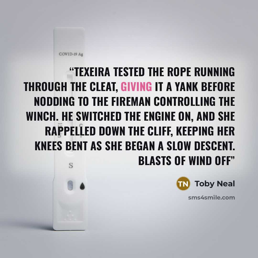 “Texeira tested the rope running through the cleat, giving it a yank before nodding to the fireman controlling the winch. He switched the engine on, and she rappelled down the cliff, keeping her knees bent as she began a slow descent. Blasts of wind off” quote by Toby Neal