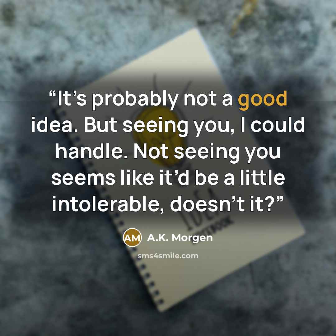 “It’s probably not a good idea. But seeing you, I could handle. Not seeing you seems like it’d be a little intolerable, doesn’t it?” quote by A.K. Morgen