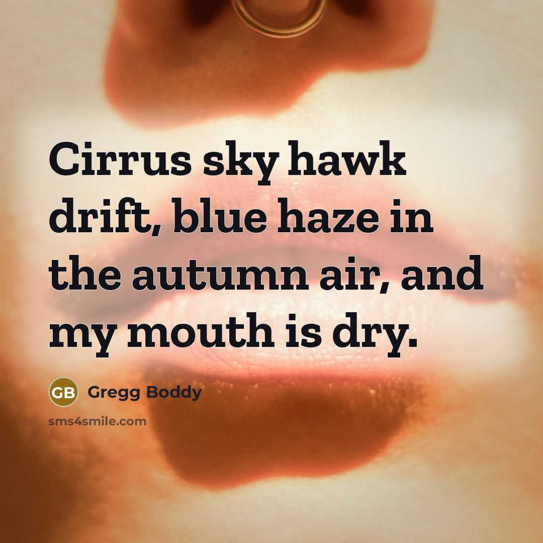 “Cirrus sky hawk drift, blue haze in the autumn air, and my mouth is dry.” quote by Gregg Boddy