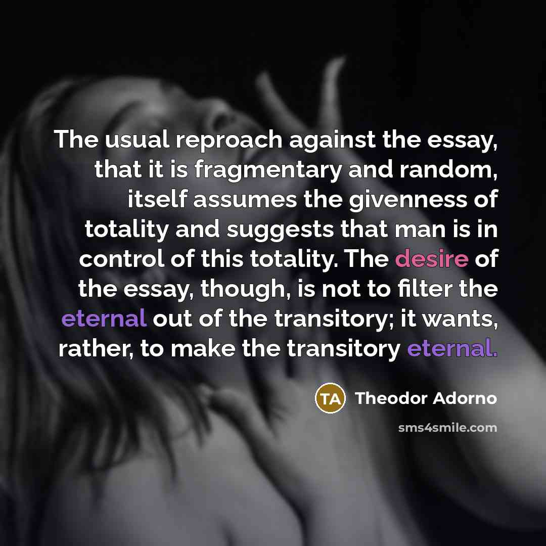 “The usual reproach against the essay, that it is fragmentary…” quote by Theodor Adorno