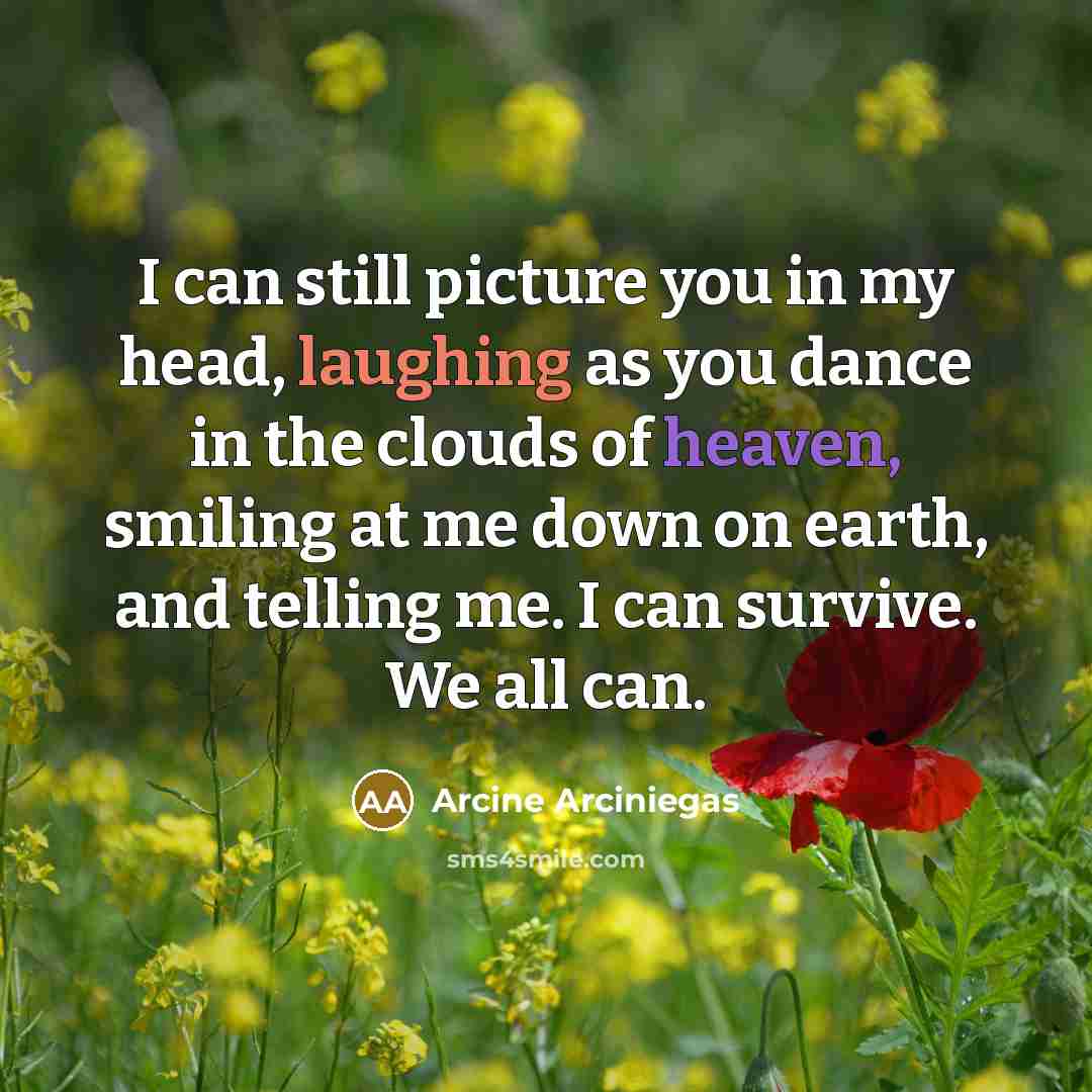 “I can still picture you in my head, laughing as you dance in the clouds of heaven, smiling at me down on earth, and telling me. I can survive. We all can.” quote by Arcine Arciniegas